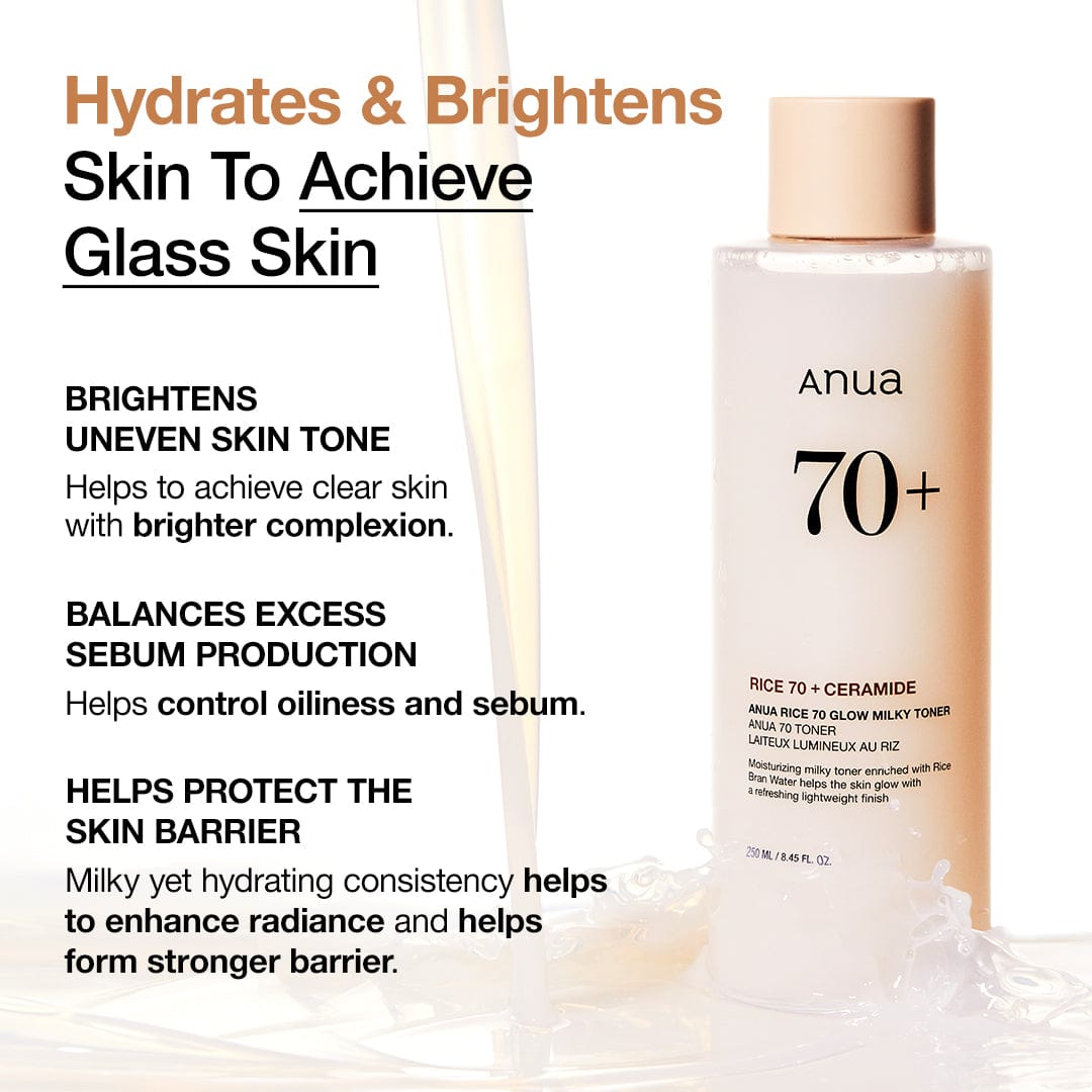 ANUA Rice 70 Glow Milky Toner, for Glass Skin, Rice Water, Niacinamide, Ceramides, Panthenol, Fragrance-Free, Non comedogenic, Fungal Acne Safe, Korean Skin Care, 250ml