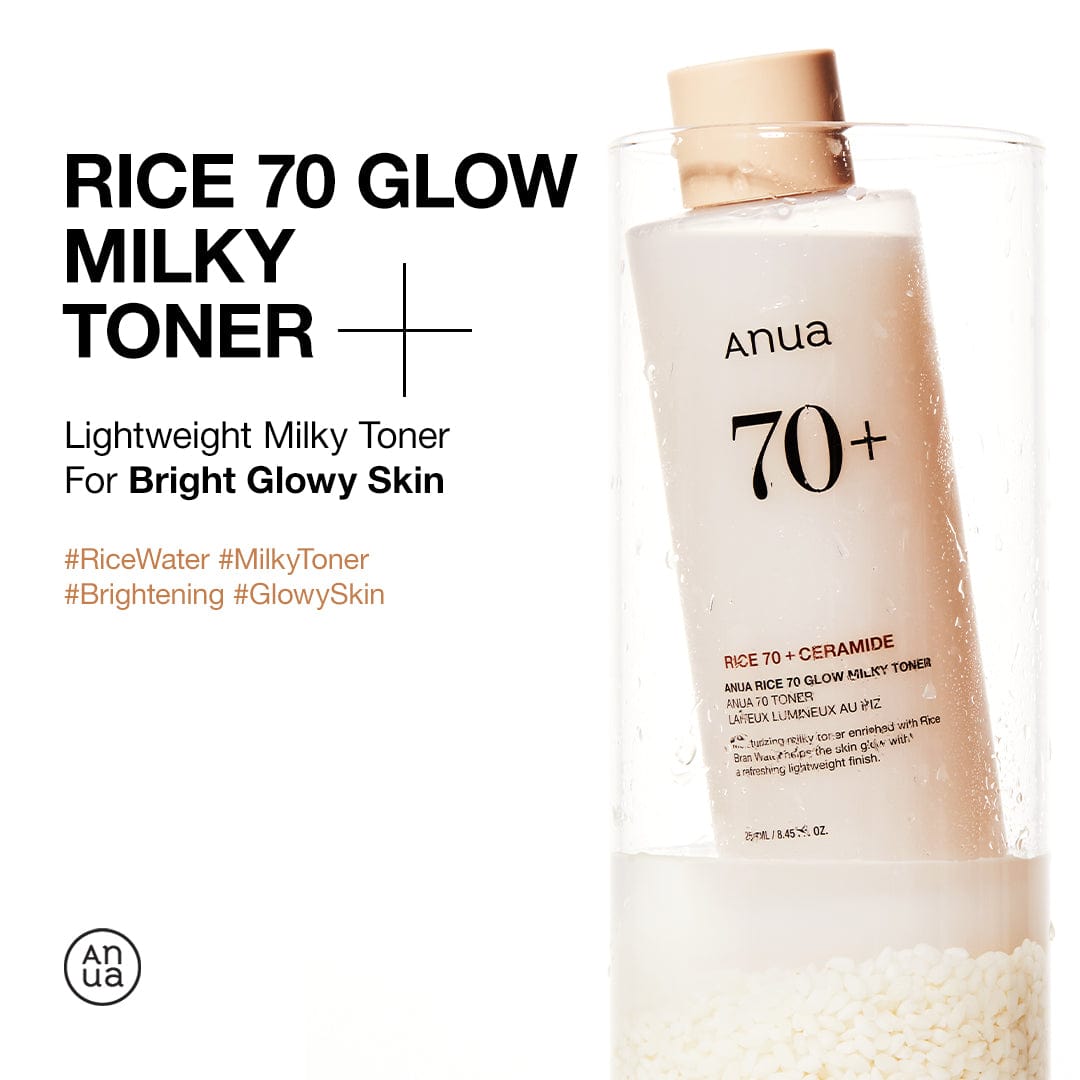 ANUA Rice 70 Glow Milky Toner, for Glass Skin, Rice Water, Niacinamide, Ceramides, Panthenol, Fragrance-Free, Non comedogenic, Fungal Acne Safe, Korean Skin Care, 250ml