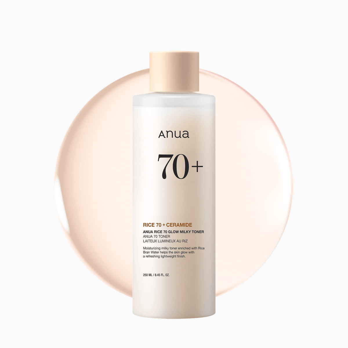 ANUA Rice 70 Glow Milky Toner, for Glass Skin, Rice Water, Niacinamide, Ceramides, Panthenol, Fragrance-Free, Non comedogenic, Fungal Acne Safe, Korean Skin Care, 250ml